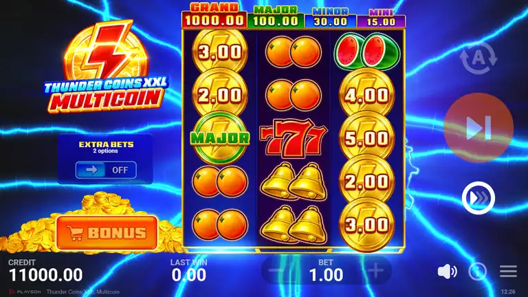 Thunder Coins XXL: Multicoin session start - spin 1, EUR 11,000.00 balance