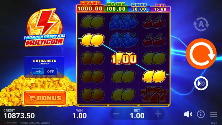 Thunder Coins XXL: Multicoin gameplay at spin 824 - 3x5 reel grid with the four jackpot tiers displayed across the top