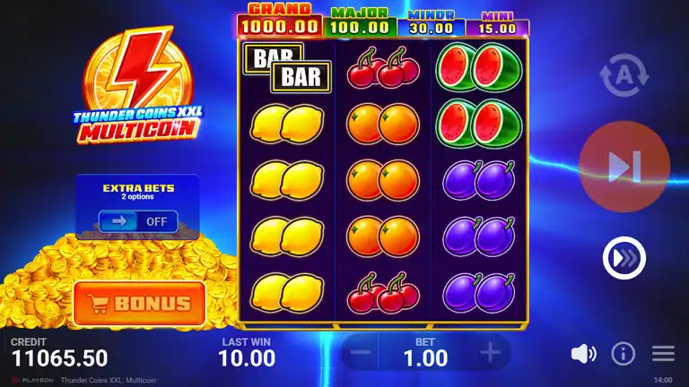 Thunder Coins XXL: Multicoin base game - 3x5 grid with fruit symbols and the four jackpot tiers displayed at top