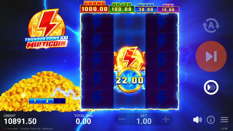 Thunder Coins XXL: Multicoin Hold and Win bonus board with initial coin symbols locked in position during respin sequence