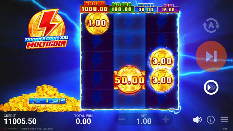 Thunder Coins XXL: Multicoin Hold and Win bonus in progress with coin values at multiple positions